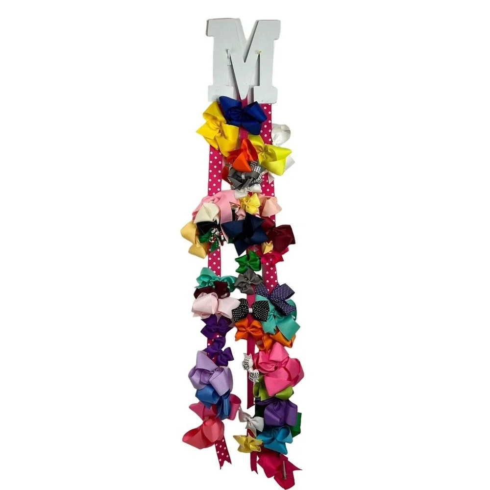 Girls Kids Hair Bow Holder Initial M White Wood Pink Ribbon 40+ Bow Lot Mix